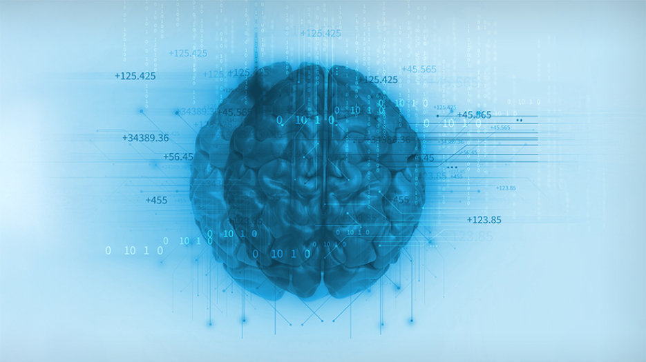 Graphic of an illustrated brain with binary code, numbers, and circuit lines running across and through it.